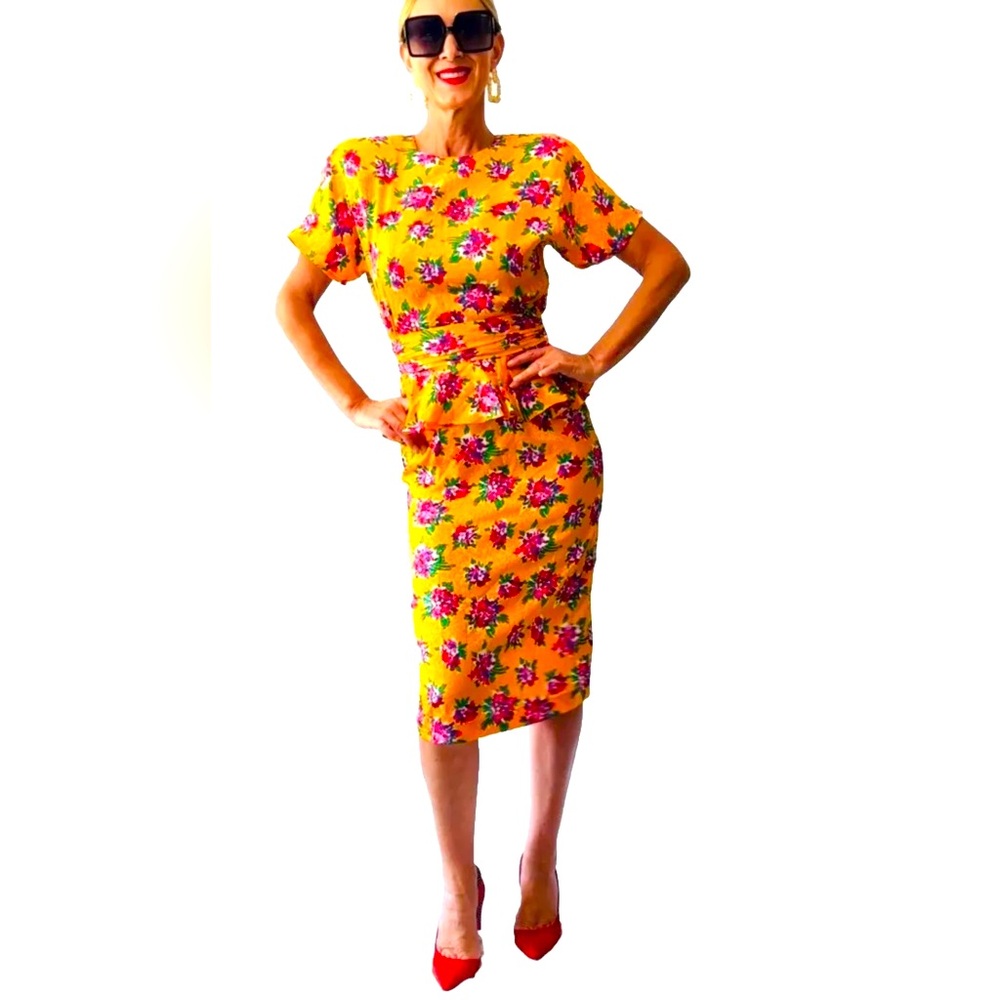 Vintage 80's Argenti Yellow Floral‎ Silk Peplum Pencil Dress S